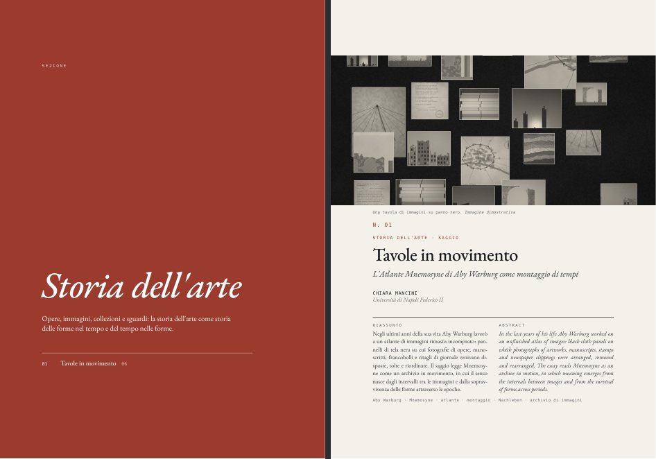 Pagina di sezione color cinabro e apertura dell'articolo Tavole in movimento