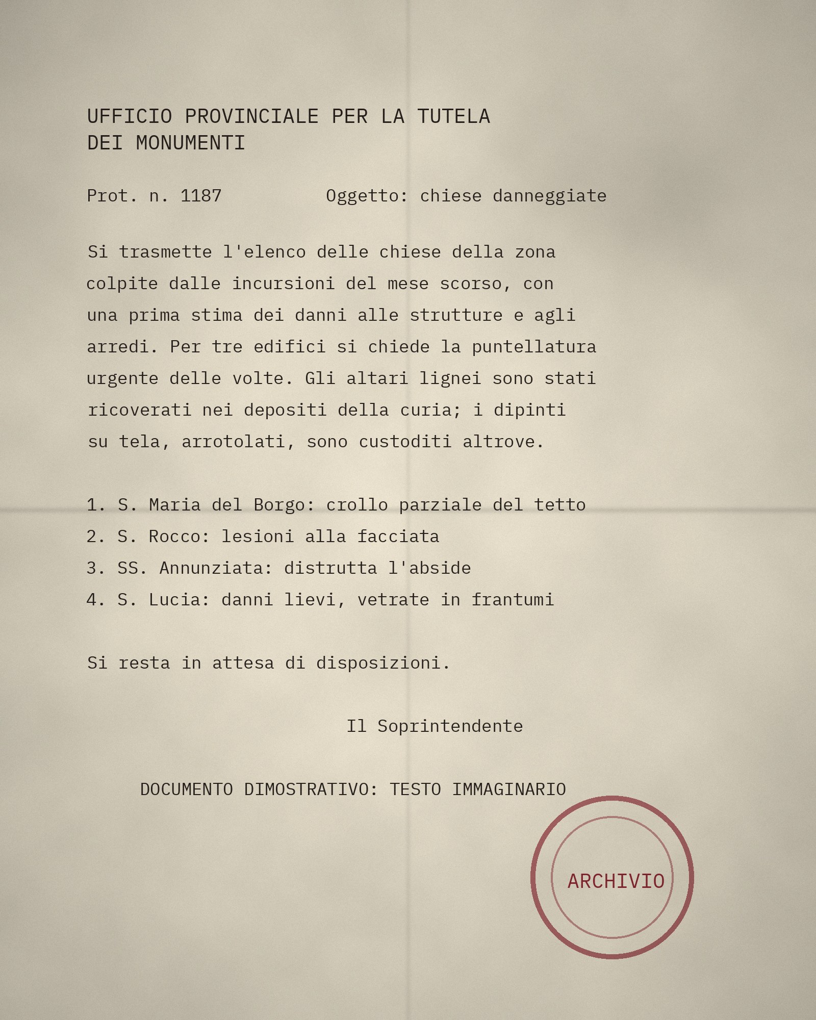 Foglio dattiloscritto ingiallito con intestazione, elenco di chiese e timbro rosso
