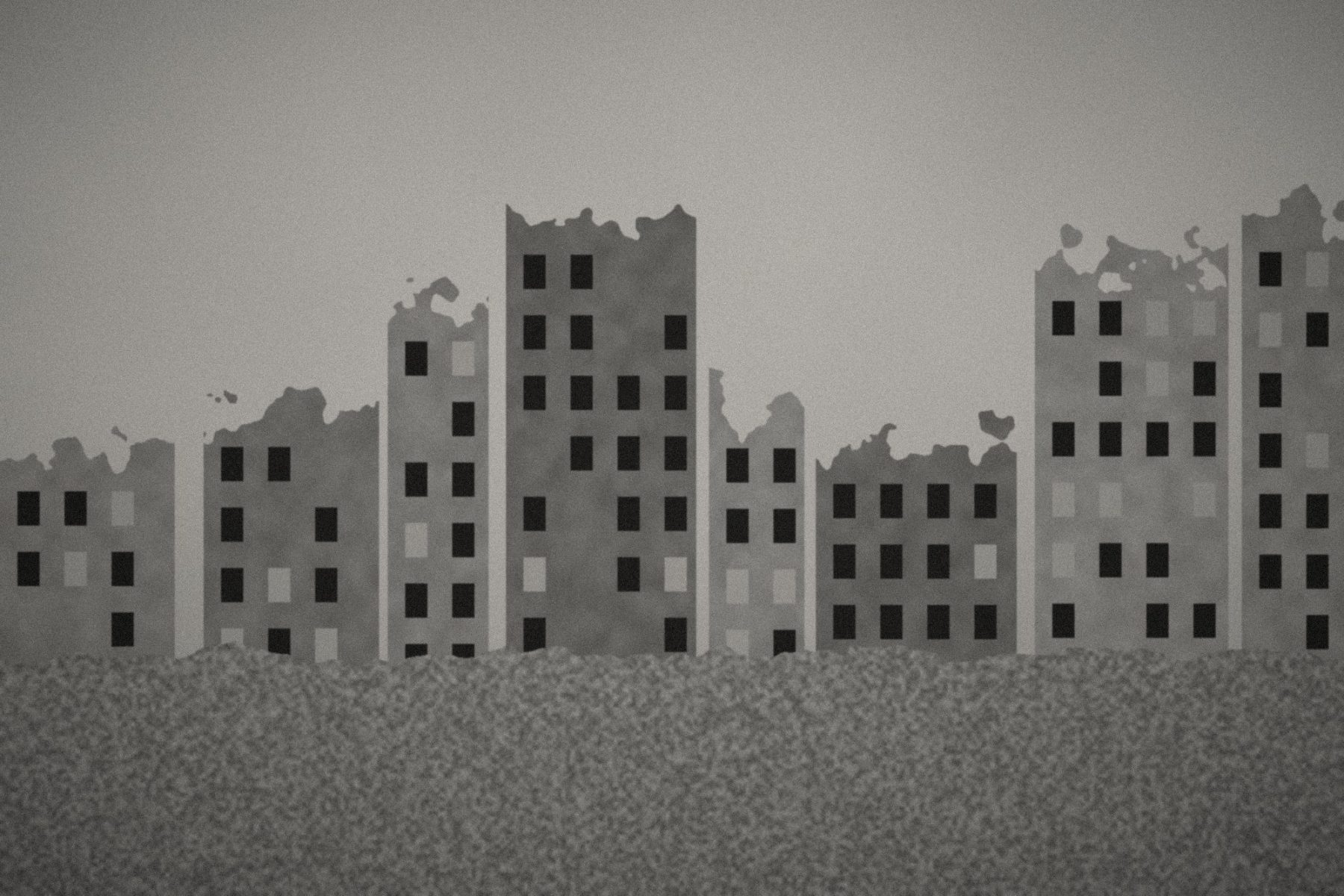 Città in bianco e nero con edifici sventrati e macerie in primo piano