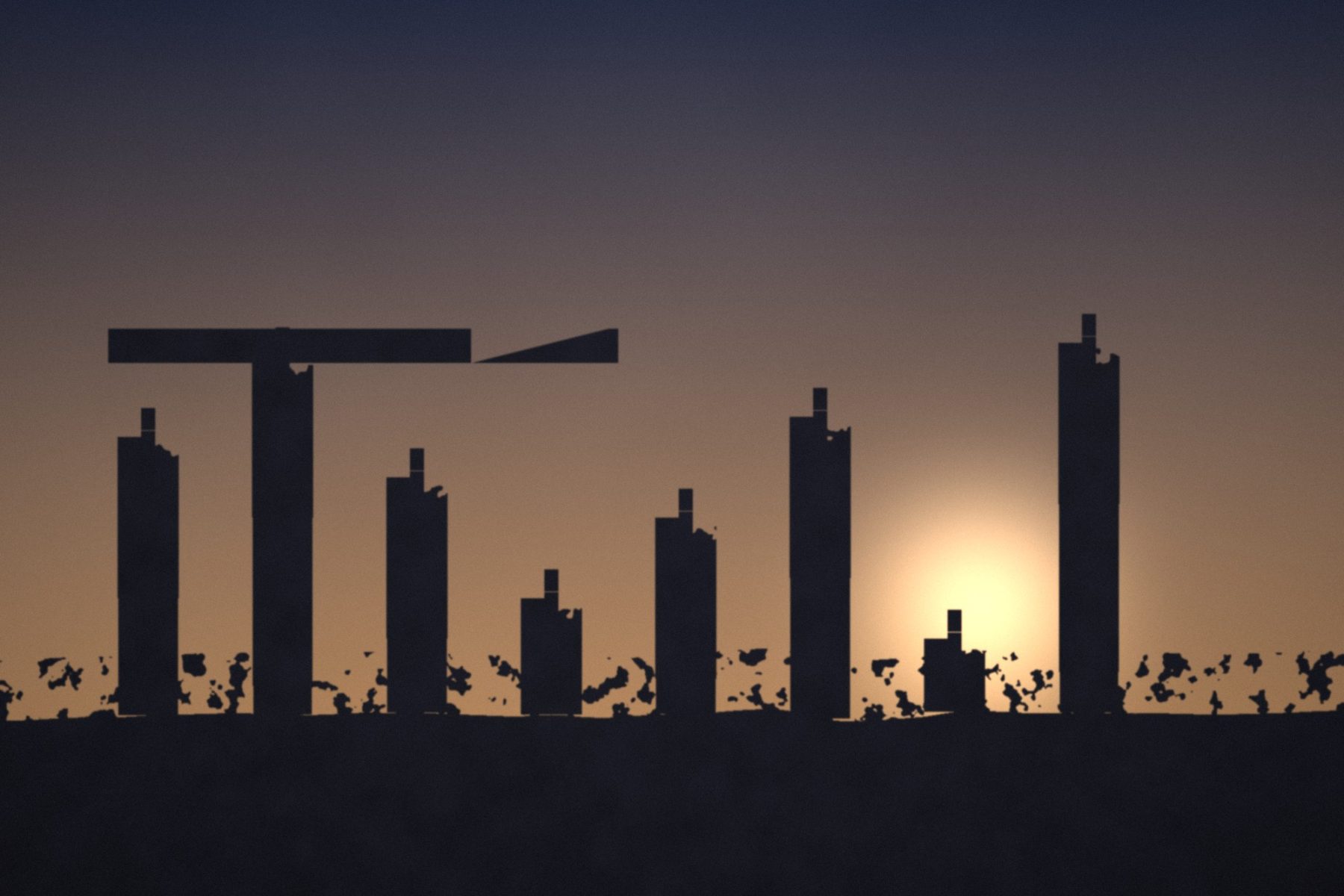 Silhouette di un colonnato in rovina contro il cielo del tramonto